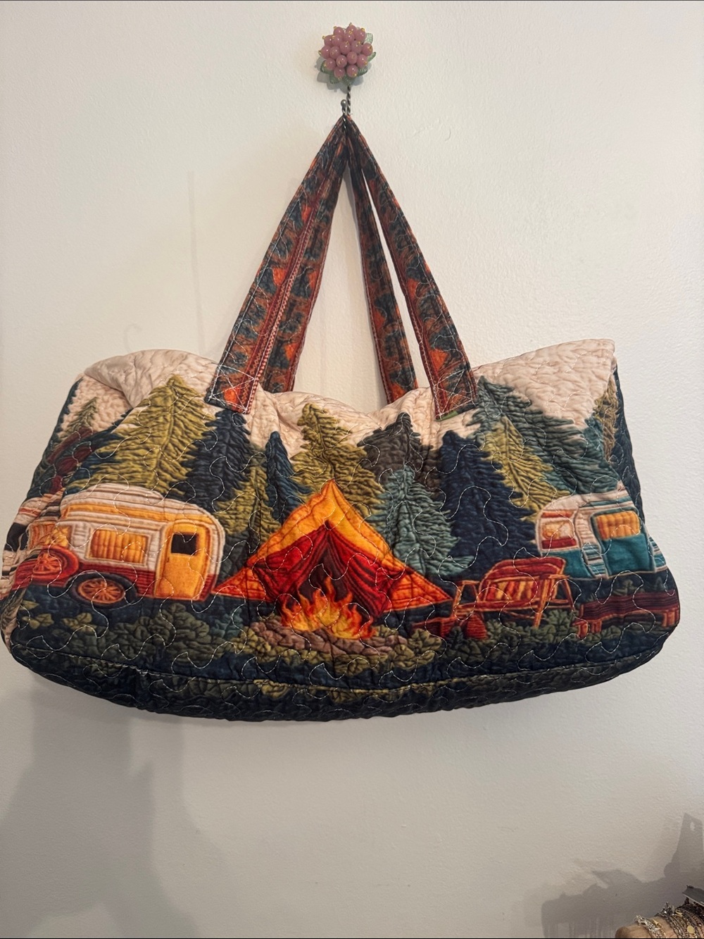 Camping Scene Quilted Tote Bag in Multi-Color